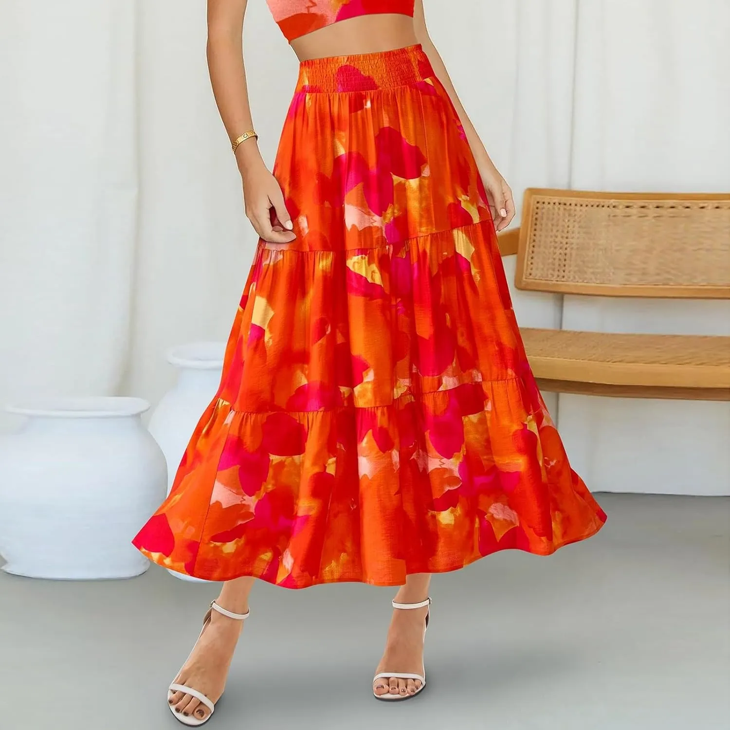 Womens Floral Maxi Skirt Boho High Waisted Tiered Long Skirt Flowy Summer Vacation A Line Beach Skirts Beach Outfits