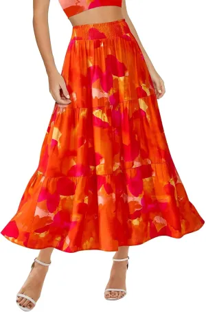 Womens Floral Maxi Skirt Boho High Waisted Tiered Long Skirt Flowy Summer Vacation A Line Beach Skirts Beach Outfits