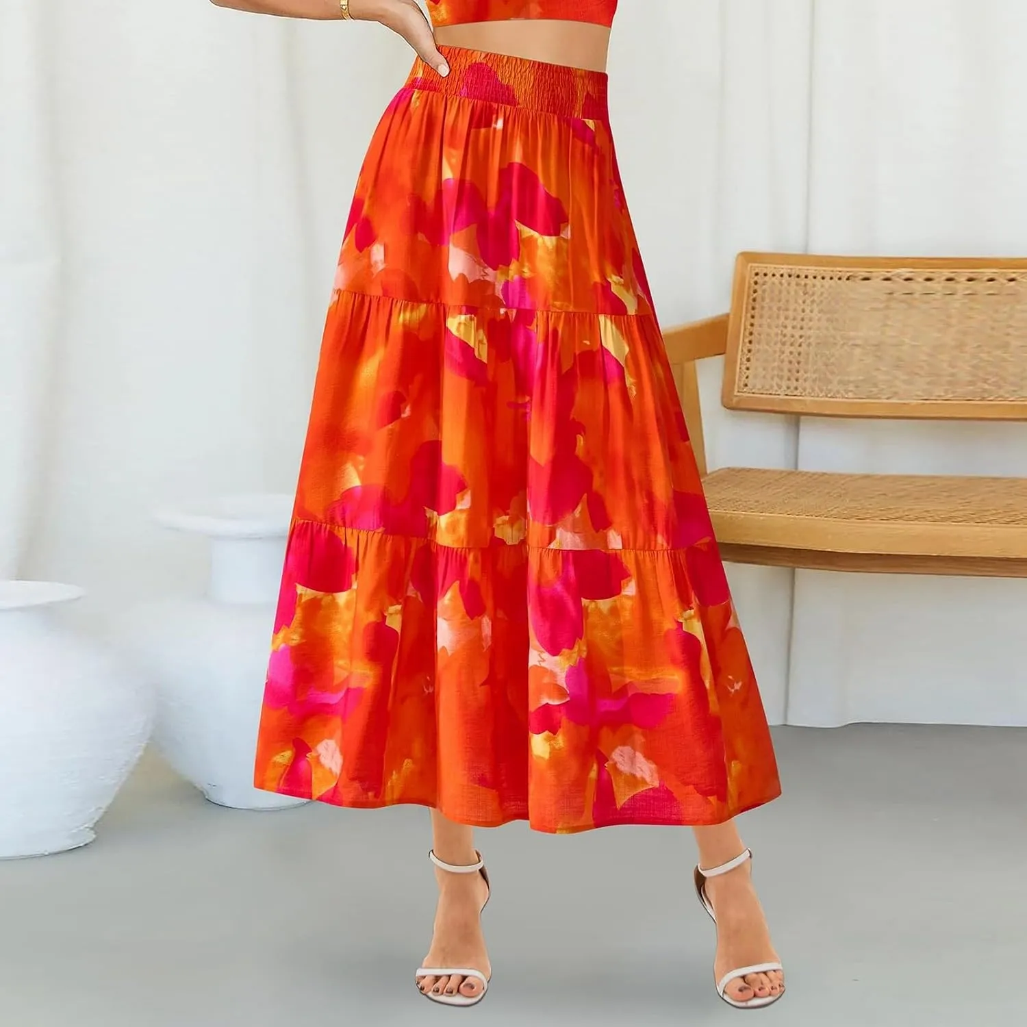 Womens Floral Maxi Skirt Boho High Waisted Tiered Long Skirt Flowy Summer Vacation A Line Beach Skirts Beach Outfits