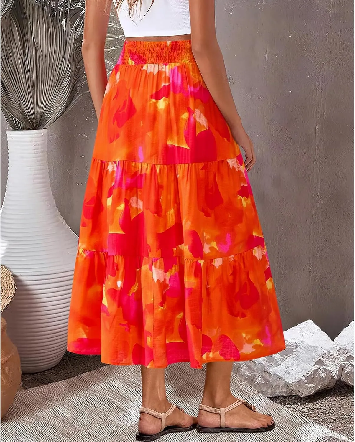 Womens Floral Maxi Skirt Boho High Waisted Tiered Long Skirt Flowy Summer Vacation A Line Beach Skirts Beach Outfits