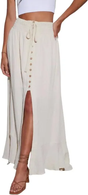 Women's Flowy Drawstring Waist Long Skirt High Slit Ruffle Hem Midi Skirt