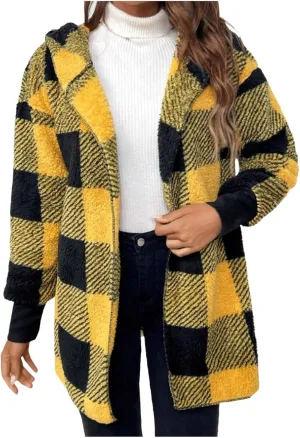 Womens Hooded Fuzzy Sherpa Lined Fleece Jacket Open Front Buffalo Plaid Cardigan Comfy Soft Winter Clothes
