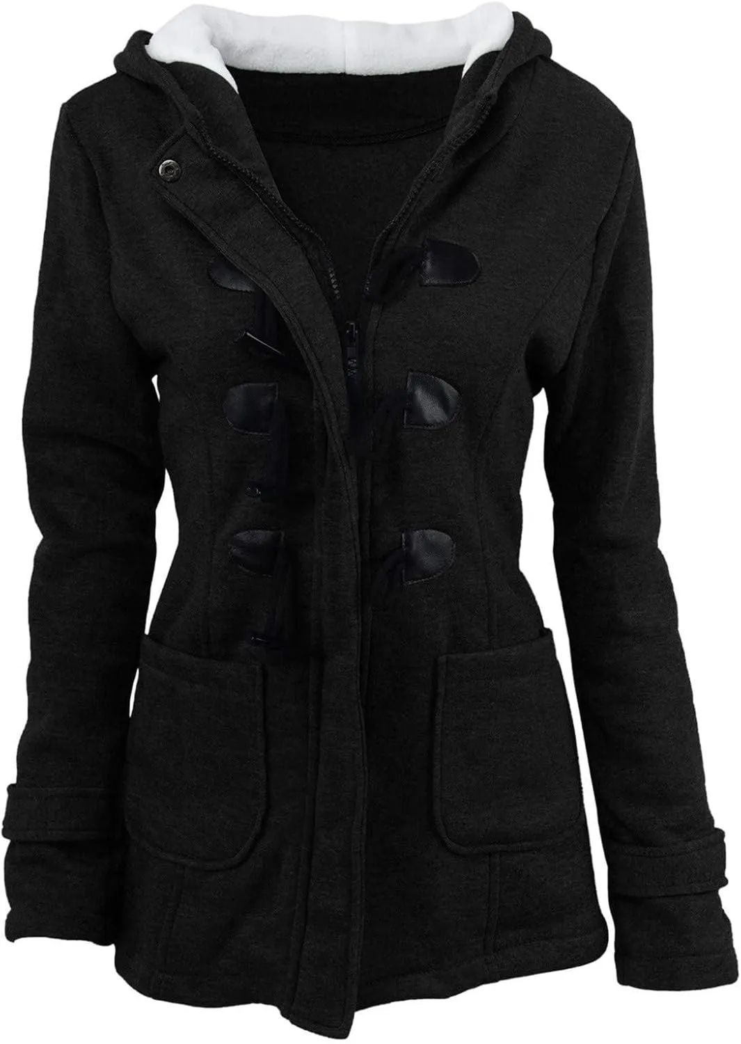 Womens Horn Button Fuzzy Fleece Coat Plus Size Winter Warm Thicken Hooded Jacket Casual Padded Pea Coats with Pockets