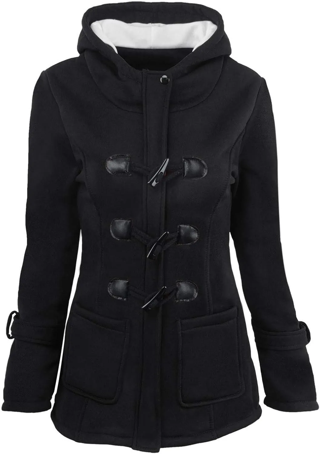 Womens Horn Button Fuzzy Fleece Coat Plus Size Winter Warm Thicken Hooded Jacket Casual Padded Pea Coats with Pockets