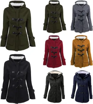 Womens Horn Button Fuzzy Fleece Coat Plus Size Winter Warm Thicken Hooded Jacket Casual Padded Pea Coats with Pockets