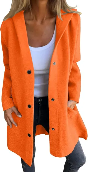 Womens Jackets Casual Single Breasted Hooded Jacket Lapel Neck Long Sleeve Solid Color Trench Coat for