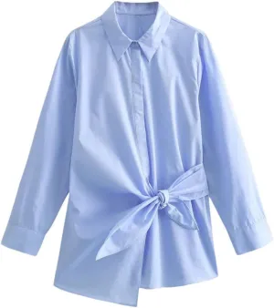 Women's Knot Lace Up Double Breasted Poplin Shirt Irregular Collar Slim Fit Top