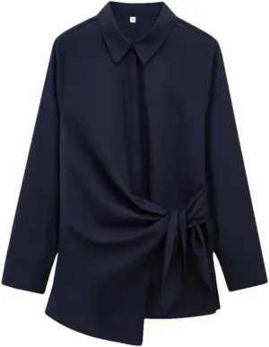 Women's Knot Lace Up Double Breasted Poplin Shirt Irregular Collar Slim Fit Top