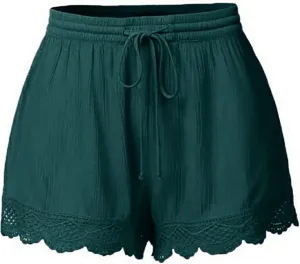 Women's Lace Shorts Loose Fit Scallop Hem Mini Hot Pants Elastic Waist Drawstring Summer Casual Yoga Lounge Shorts