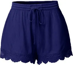 Women's Lace Shorts Loose Fit Scallop Hem Mini Hot Pants Elastic Waist Drawstring Summer Casual Yoga Lounge Shorts