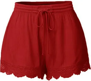 Women's Lace Shorts Loose Fit Scallop Hem Mini Hot Pants Elastic Waist Drawstring Summer Casual Yoga Lounge Shorts