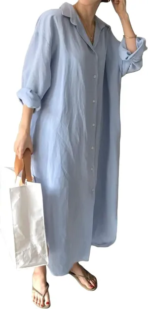 Womens Linen Shirt Dress Summer Lapel Button Down Long Sleeve Midi Dresses Lightweight Breathable Split Hem Sundress