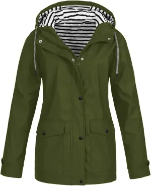 Women's Long Hooded Rain Jacket Waterproof Lightweight Raincoat Adjustable Windbreaker Active Outdoor Hooded Rain Coats