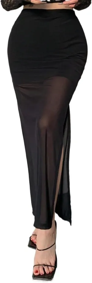 Women's Maxi Skirt Summer Midi High Waist Mesh High Slit Mini Skirt