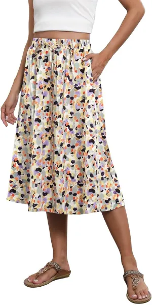 Women's Midi Boho Floral Skirts Trendy A Line Skirt Drawstring High Elastic Waist Comfy Flowy Skorts with Pockets