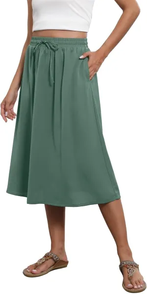 Women's Midi Boho Floral Skirts Trendy A Line Skirt Drawstring High Elastic Waist Comfy Flowy Skorts with Pockets
