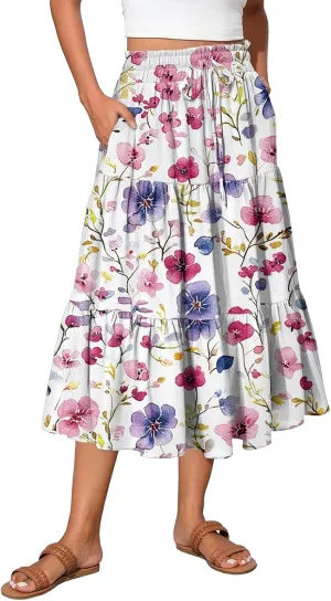 Women's Midi Boho Floral Tiered Skirts Trendy Drawstring High Elastic Waist A Line Skirt Comfy Flowy Skorts with Pockets