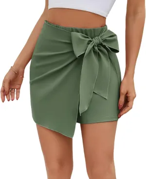 Womens Mini Wrap Skirt High Waist Knot Belted Skorts Elastic Waist Casual Loose Asymmetrical Hem Trendy Shorts