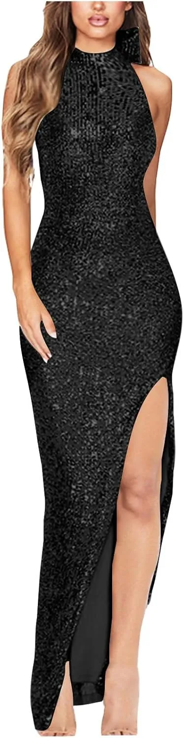 Women's Sexy Bow Halter Sequin Dress Sparkly High Slit Bodycon Backless Maxi Birthday Party Cocktail Dresses Prom Gown