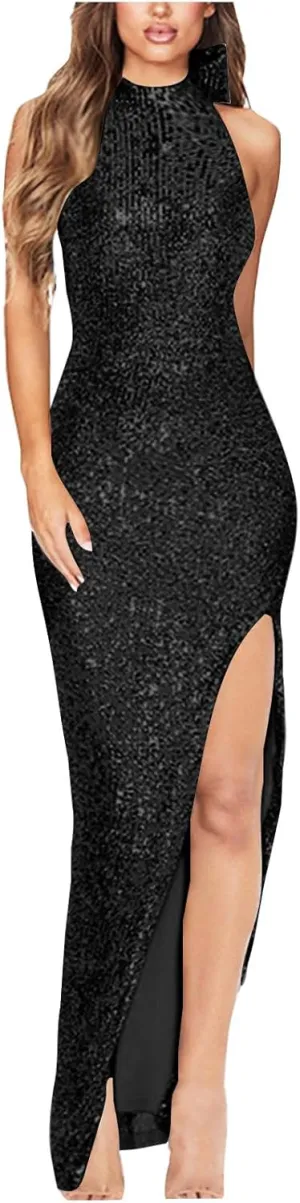 Women's Sexy Bow Halter Sequin Dress Sparkly High Slit Bodycon Backless Maxi Birthday Party Cocktail Dresses Prom Gown