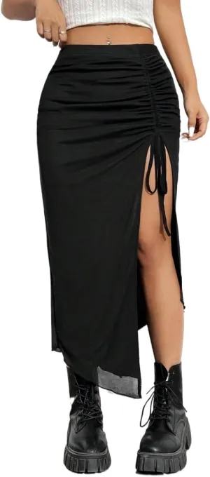 Womens Summer Flowy Skirt Dress Women's Knit Drawstring High-Slit Long Skirt