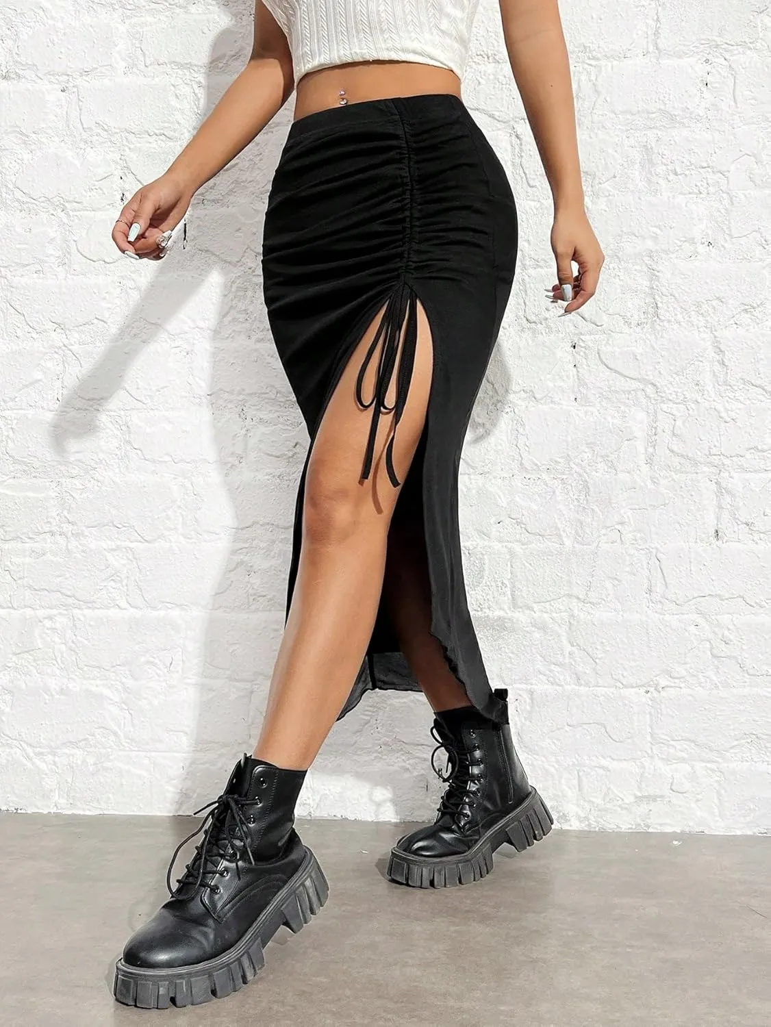 Womens Summer Flowy Skirt Dress Women's Knit Drawstring High-Slit Long Skirt
