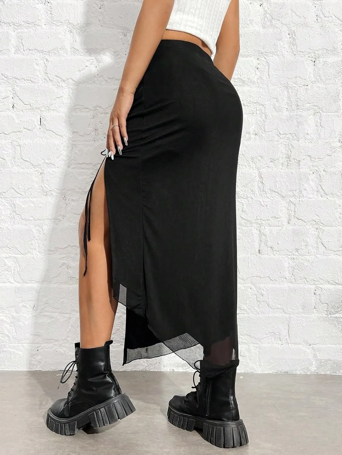 Womens Summer Flowy Skirt Dress Women's Knit Drawstring High-Slit Long Skirt