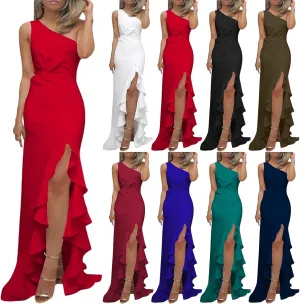 Women's Summer Formal Wedding Guest Dress Off Shoulder High Slit Maxi Bodycorn Dress Ruffle Hem Long Dresses
