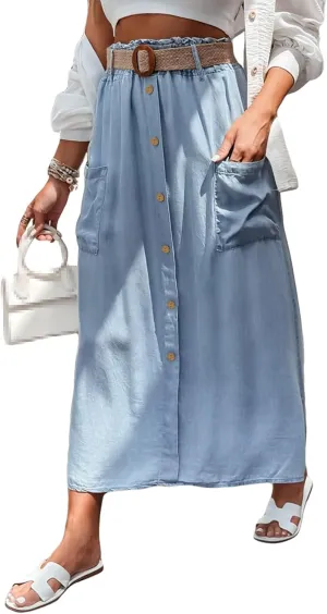 Women's Summer Maxi Skirt High Waist Buttoned Front Long Skirts Lightweight Denim Skirt with Pockets