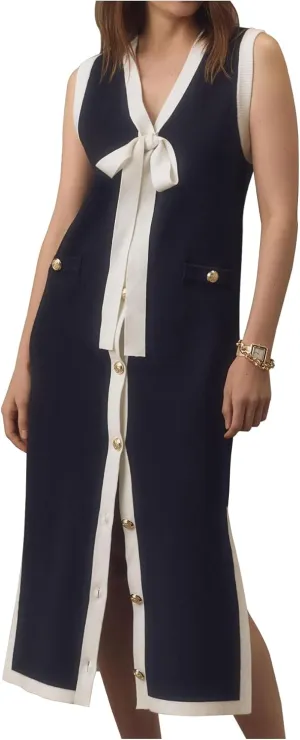 Women's Summer Sleeveless Midi Dresses V Neck Button Down Knit Slit Bodycon Party Dresses with Bow
