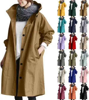 Womens Trench Coat Lightweight Hooded Waterproof Rain Jacket Outdoor Button Down Oversized Windbreaker Outwear