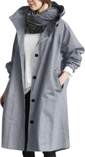 Womens Trench Coat Lightweight Hooded Waterproof Rain Jacket Outdoor Button Down Oversized Windbreaker Outwear