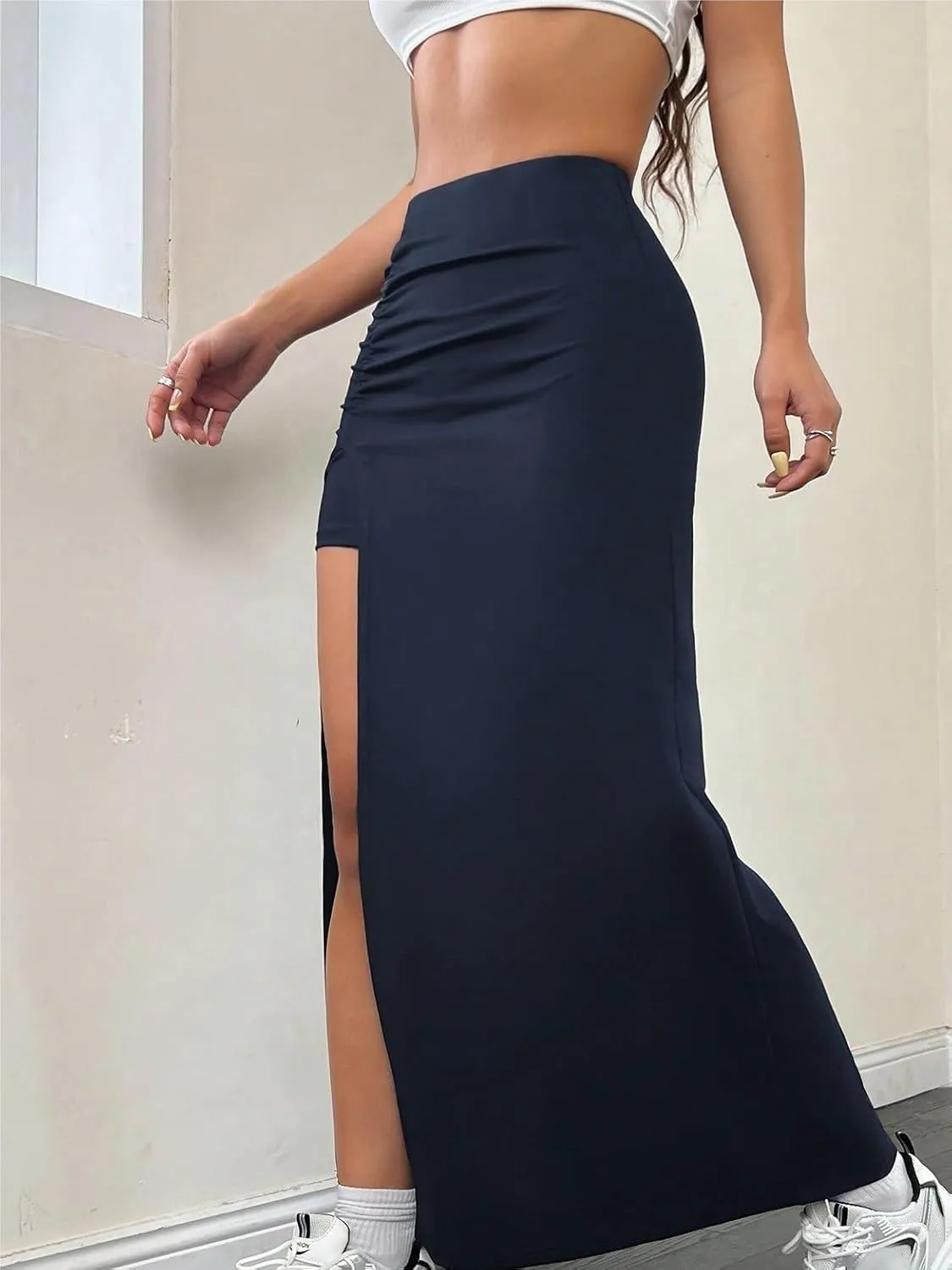 Women's Trendy Beach Skirts Women's Solid Color Pleated High Slit Long Skirt