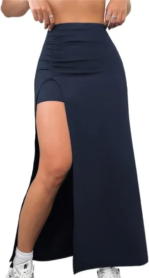 Women's Trendy Beach Skirts Women's Solid Color Pleated High Slit Long Skirt
