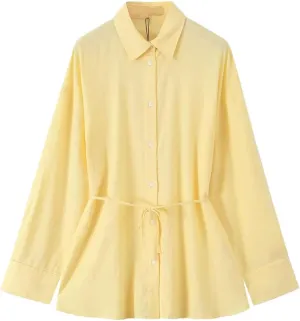 Women's Versatile Collar Long Sleeved Shirt with Waistband Decoration and Waist Cinching Top