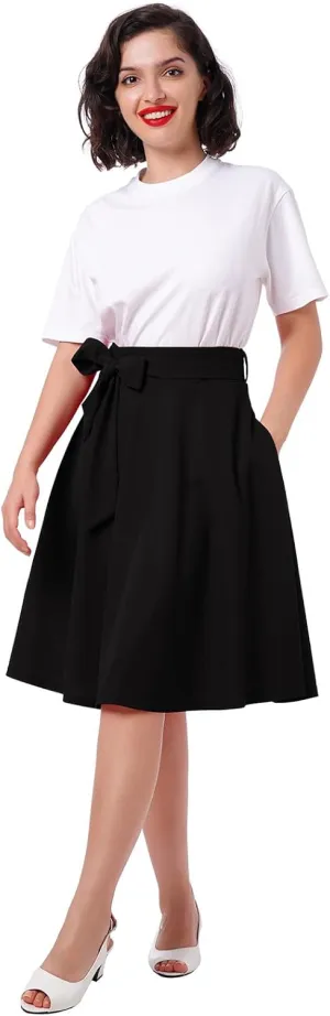 Women's Vintage Flared Skirt 1950s Belted Midi Skirt Solid A-Line Knee Length Skirts with Pockets
