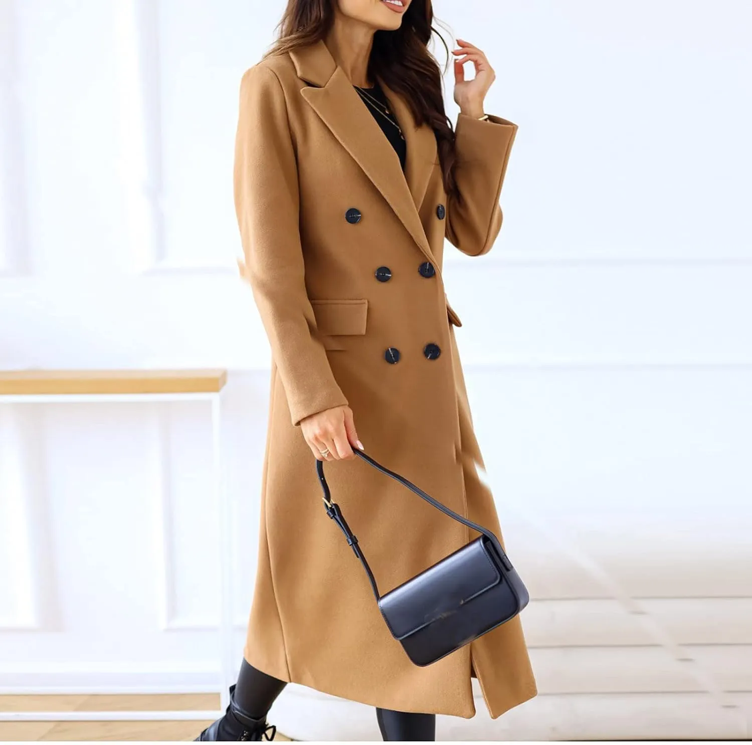Womens Winter Coat Jacket Classic Soild Open Front Single-Breasted Peacoat Comfort Wool Blend Lapel Collar Long Jacket