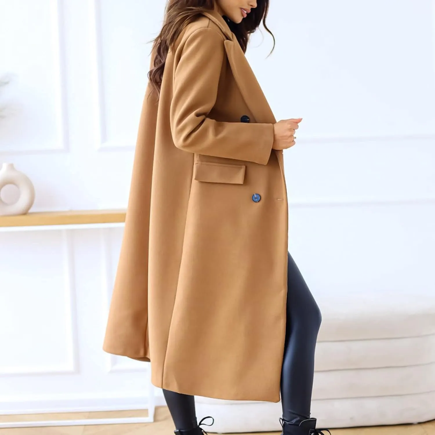 Womens Winter Coat Jacket Classic Soild Open Front Single-Breasted Peacoat Comfort Wool Blend Lapel Collar Long Jacket