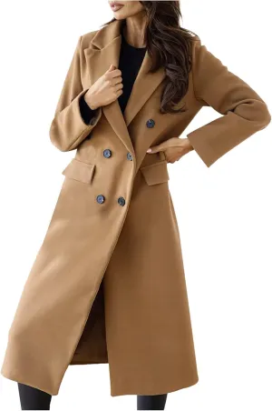 Womens Winter Coat Jacket Classic Soild Open Front Single-Breasted Peacoat Comfort Wool Blend Lapel Collar Long Jacket
