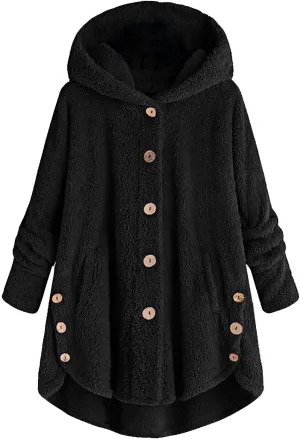Womens Winter Hooded Coat Fleece Jackets Casual Button Down Oversized Length Cardigan 2024 Winter Solid Color Tops