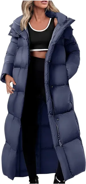 Women's Winter Long Puffer Coats Hooded Zip Up Casual Thickened Down Jackets Trendy Warm Clothes Solid Outerwear Top