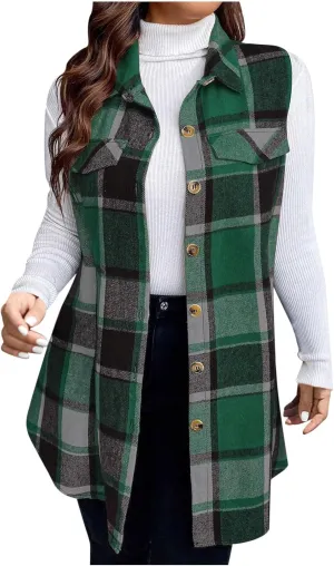 Womens Wool Blend Plaid Shacket Collared Winter Sleeveless Blazer Jackets Flannel Vest Long Button Down Cardigans