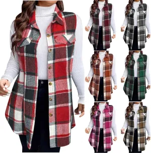 Womens Wool Blend Plaid Shacket Collared Winter Sleeveless Blazer Jackets Flannel Vest Long Button Down Cardigans