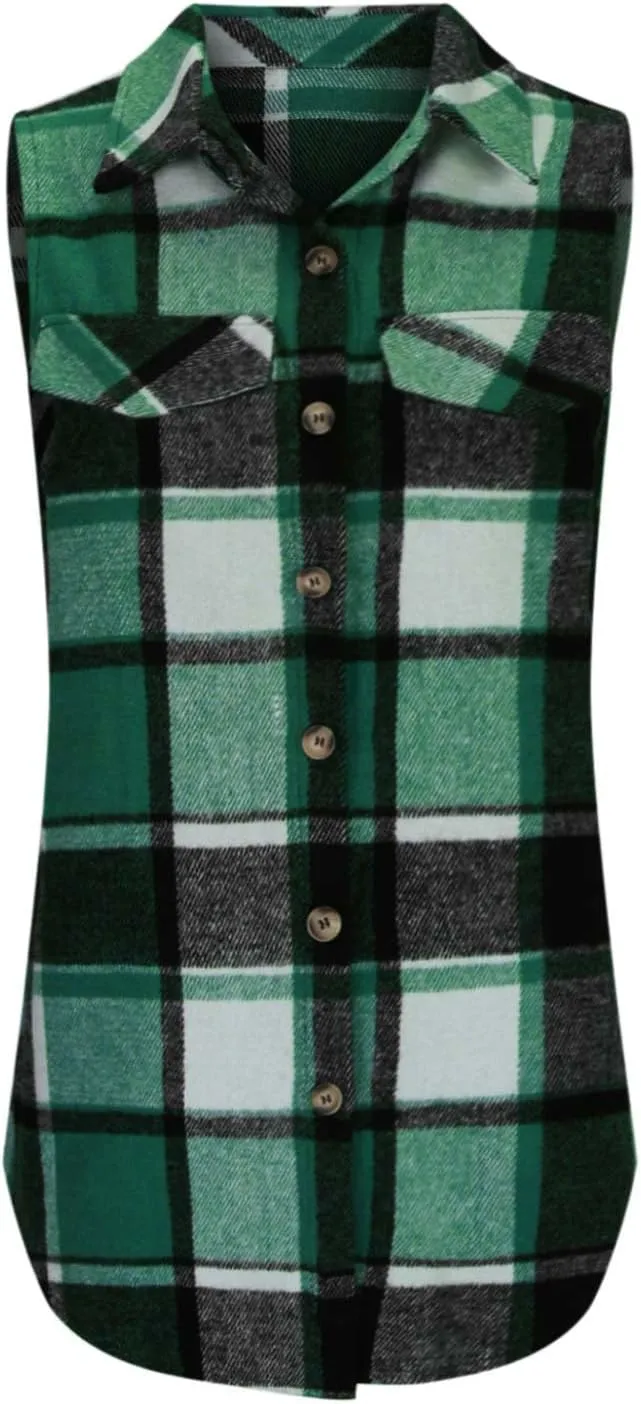 Womens Wool Blend Plaid Shacket Collared Winter Sleeveless Blazer Jackets Flannel Vest Long Button Down Cardigans