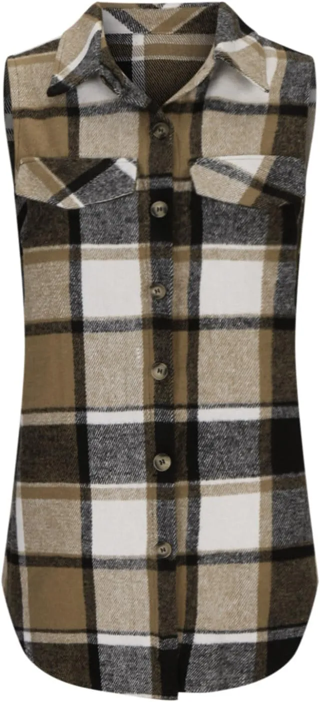 Womens Wool Blend Plaid Shacket Collared Winter Sleeveless Blazer Jackets Flannel Vest Long Button Down Cardigans