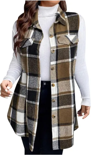 Womens Wool Blend Plaid Shacket Collared Winter Sleeveless Blazer Jackets Flannel Vest Long Button Down Cardigans