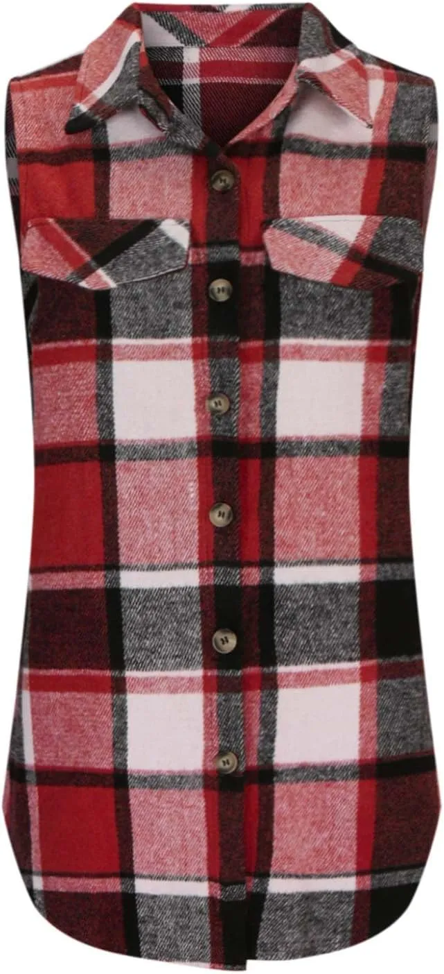 Womens Wool Blend Plaid Shacket Collared Winter Sleeveless Blazer Jackets Flannel Vest Long Button Down Cardigans