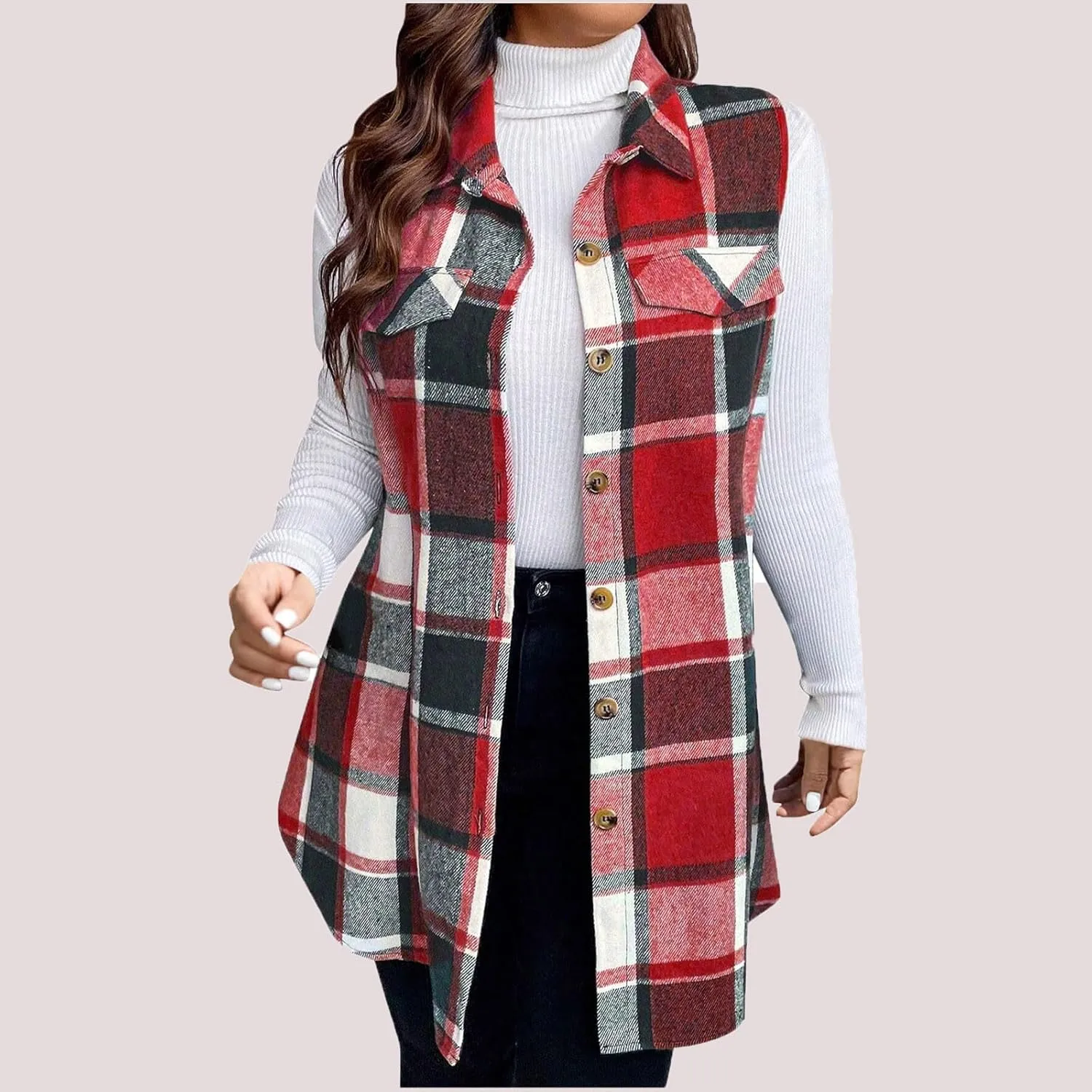 Womens Wool Blend Plaid Shacket Collared Winter Sleeveless Blazer Jackets Flannel Vest Long Button Down Cardigans