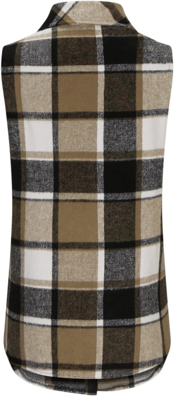 Womens Wool Blend Plaid Shacket Collared Winter Sleeveless Blazer Jackets Flannel Vest Long Button Down Cardigans