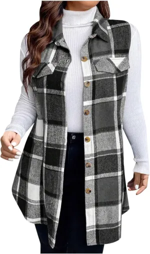 Womens Wool Blend Plaid Shacket Collared Winter Sleeveless Blazer Jackets Flannel Vest Long Button Down Cardigans